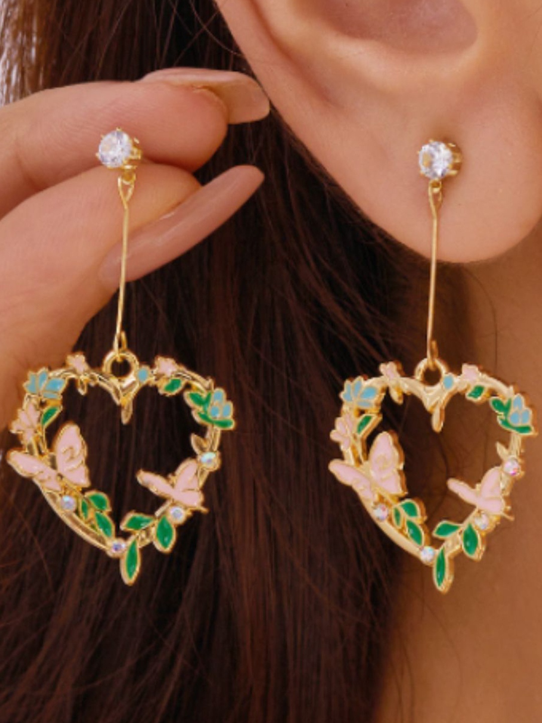 

SALTY Stone Studded Heart Shaped Love Forest Elegance Drop Earrings, Gold