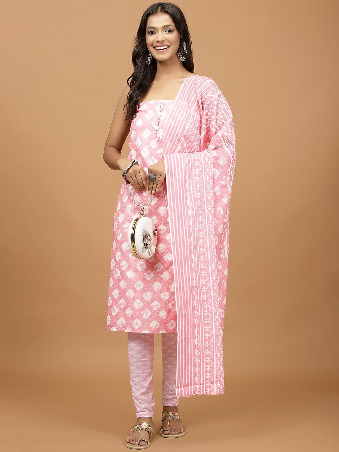 

Meena Bazaar Geometric Printed Unstitched Dress Material, Pink