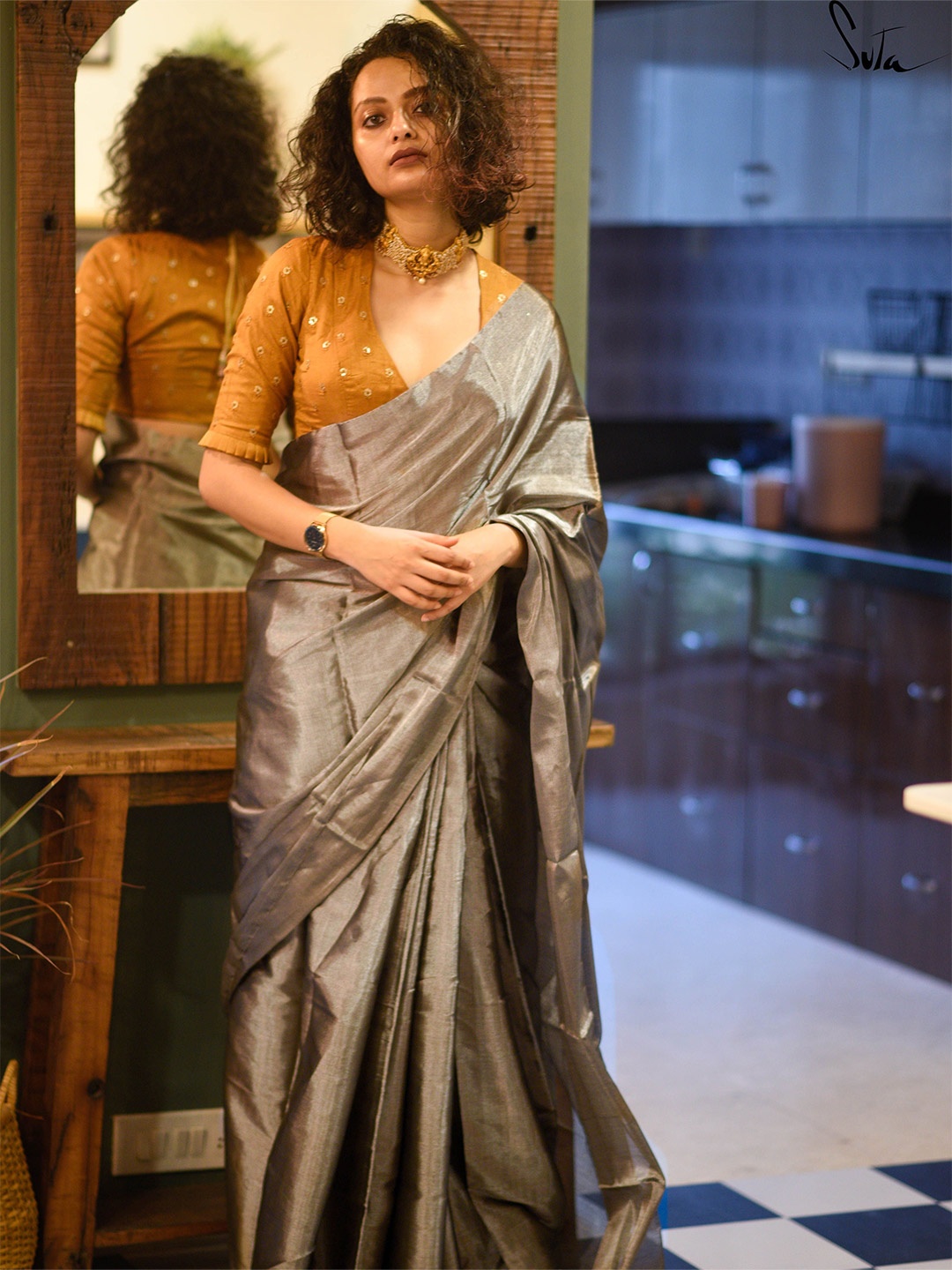 

Suta Solid Silver Zari Chanderi Saree, Grey