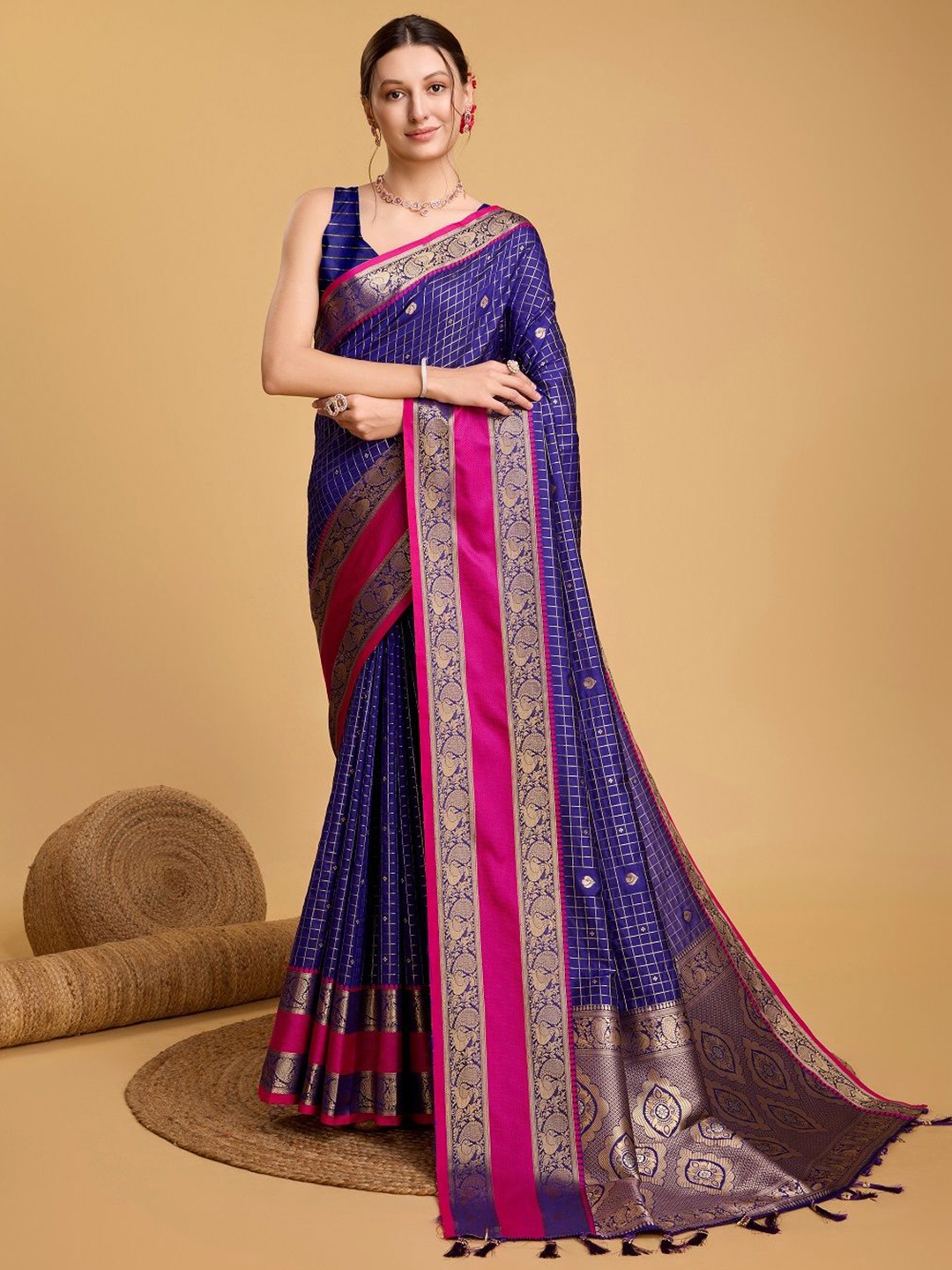 

Suha Checked Zari Pure Silk Banarasi Saree, Blue