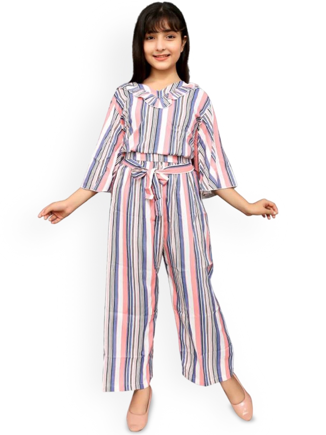 

FELLAMO Girls Striped V-Neck Top with Flared Palazzos, Pink