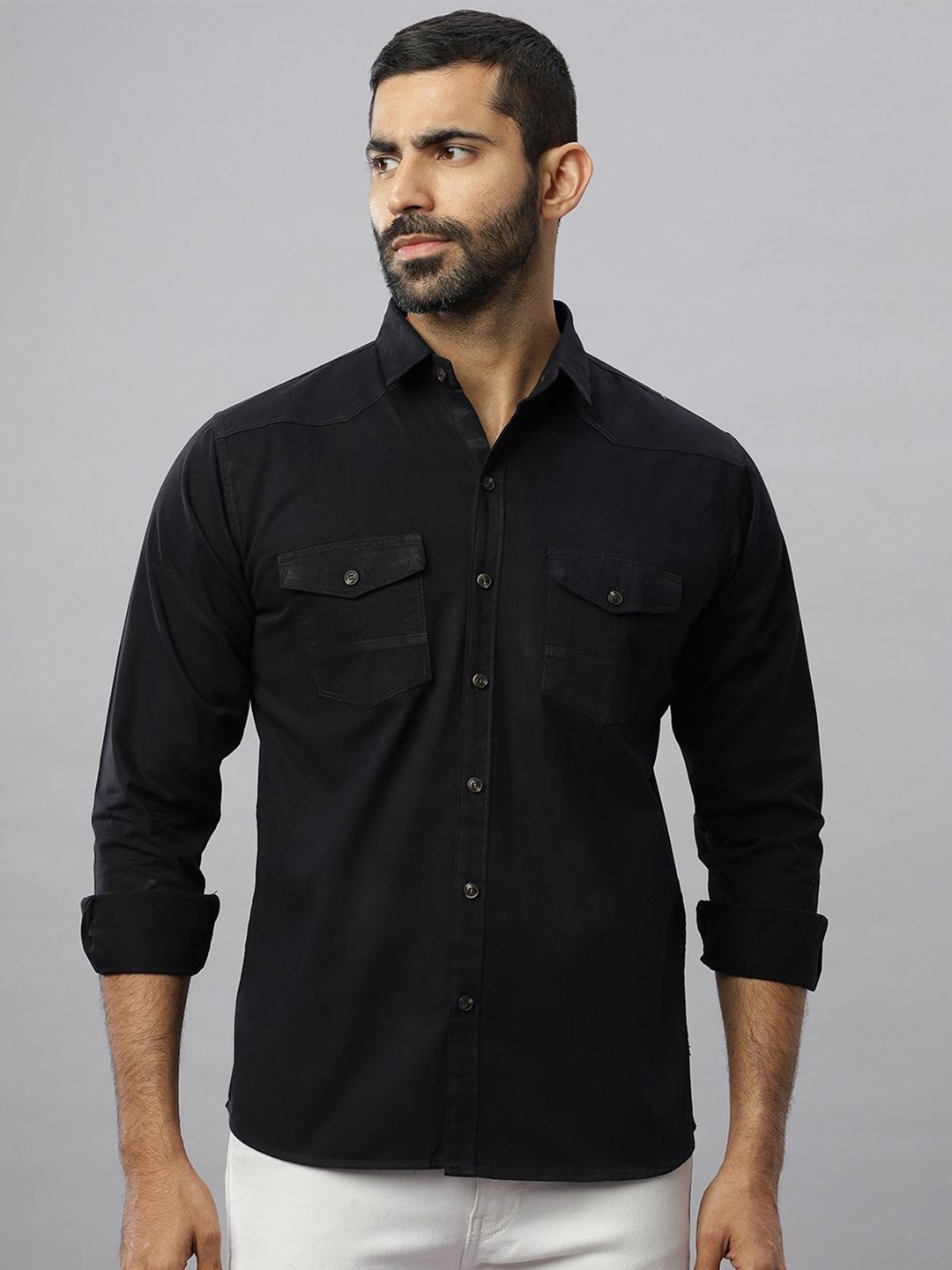 

N AND J Men Relaxed Spread Collar Solid Cotton Casual Shirt, Black