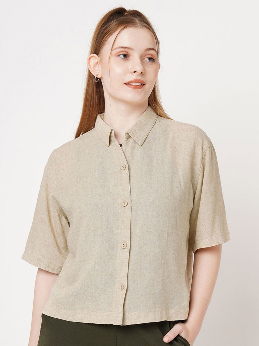 

Kraus Jeans Women Spread Collar Solid Slim Fit Casual Shirt, Beige