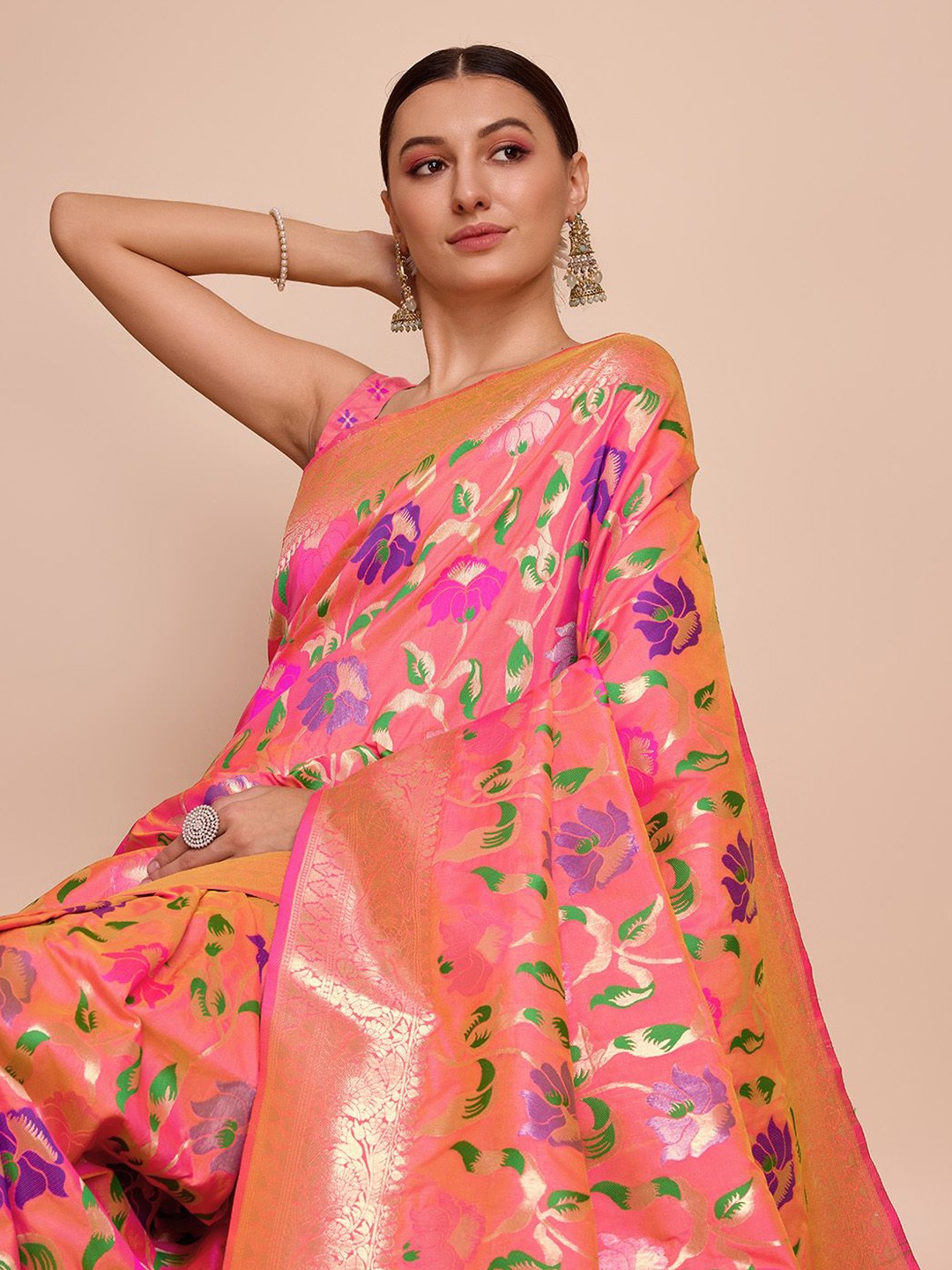 

Suha Ethnic Motifs Zari Pure Silk Paithani Saree, Peach