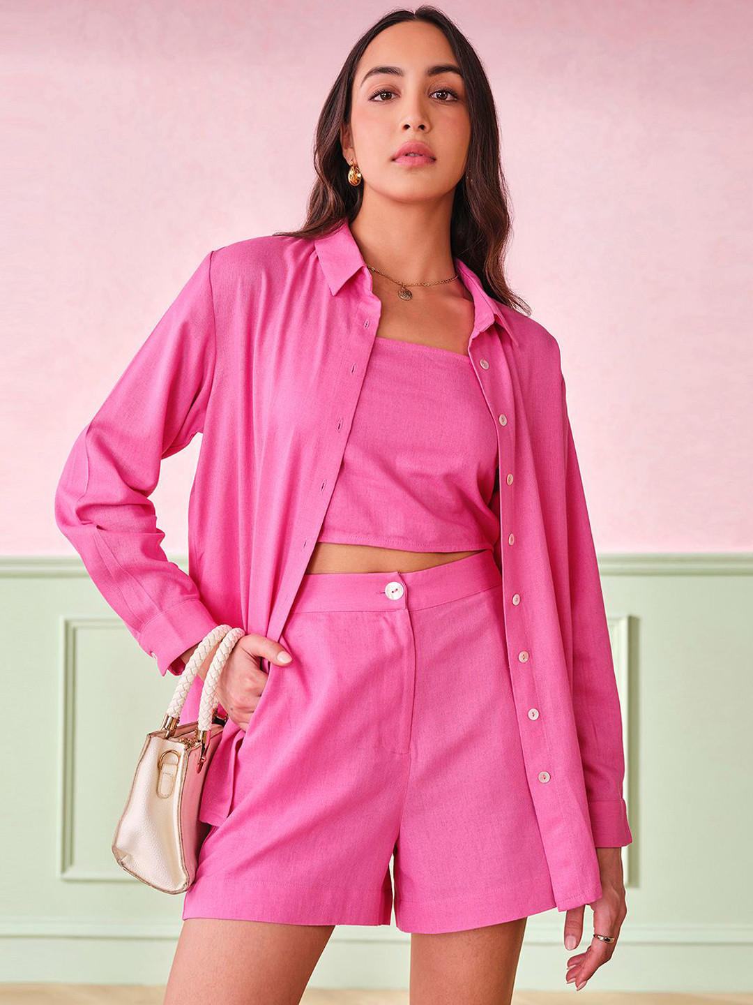 

AND Shirt Collar Top & Shorts With Shirt, Pink