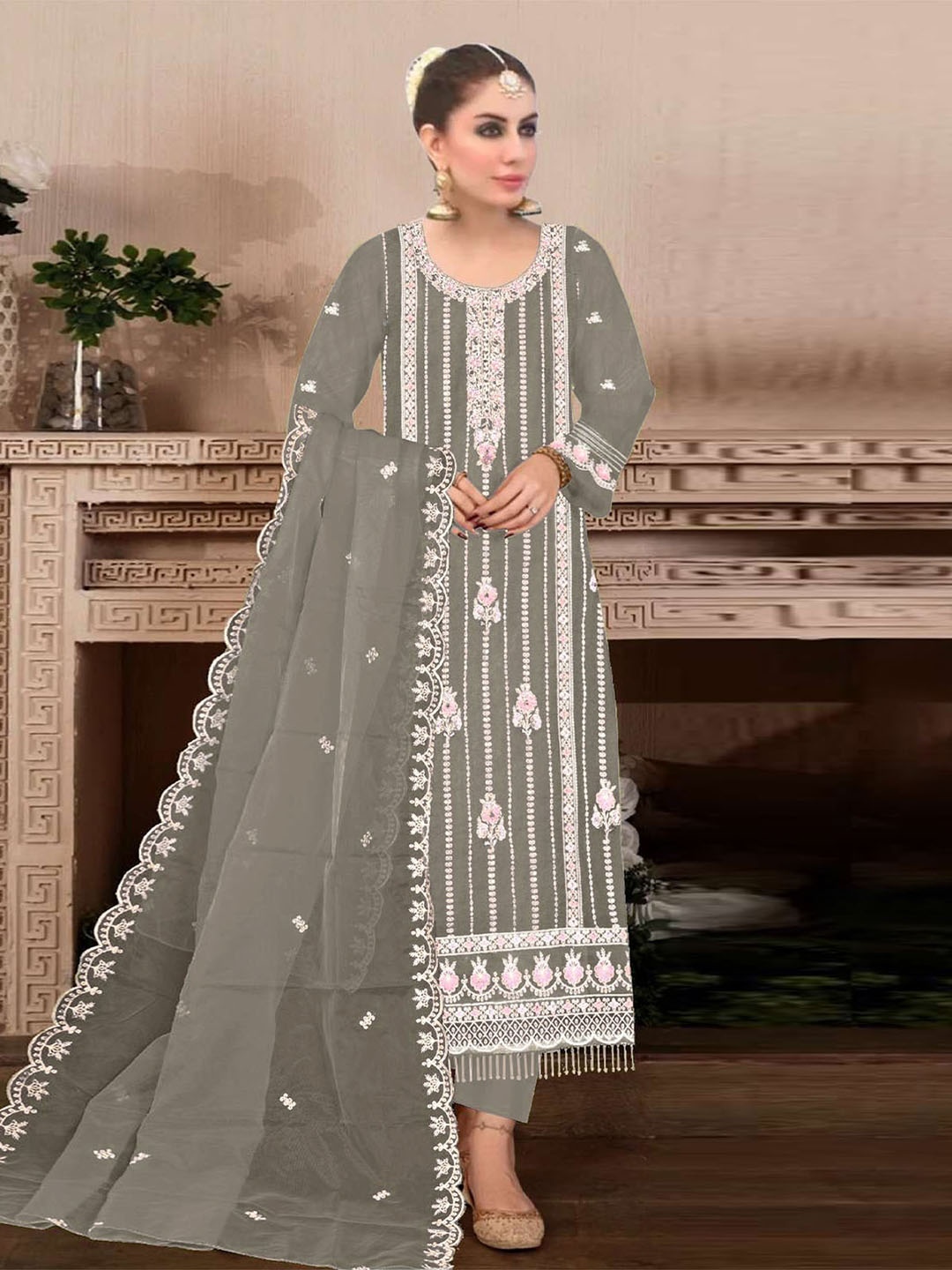 

ODETTE Floral Embroidered Regular Georgette Straight Kurta with Trousers & Dupatta, Grey