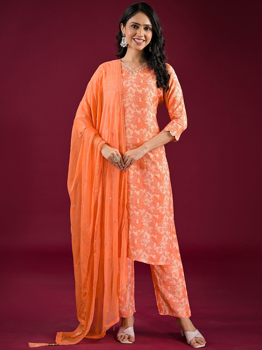 

Peachmode Floral Printed Beads and Stones Kurta with Trouser & Dupatta, Orange