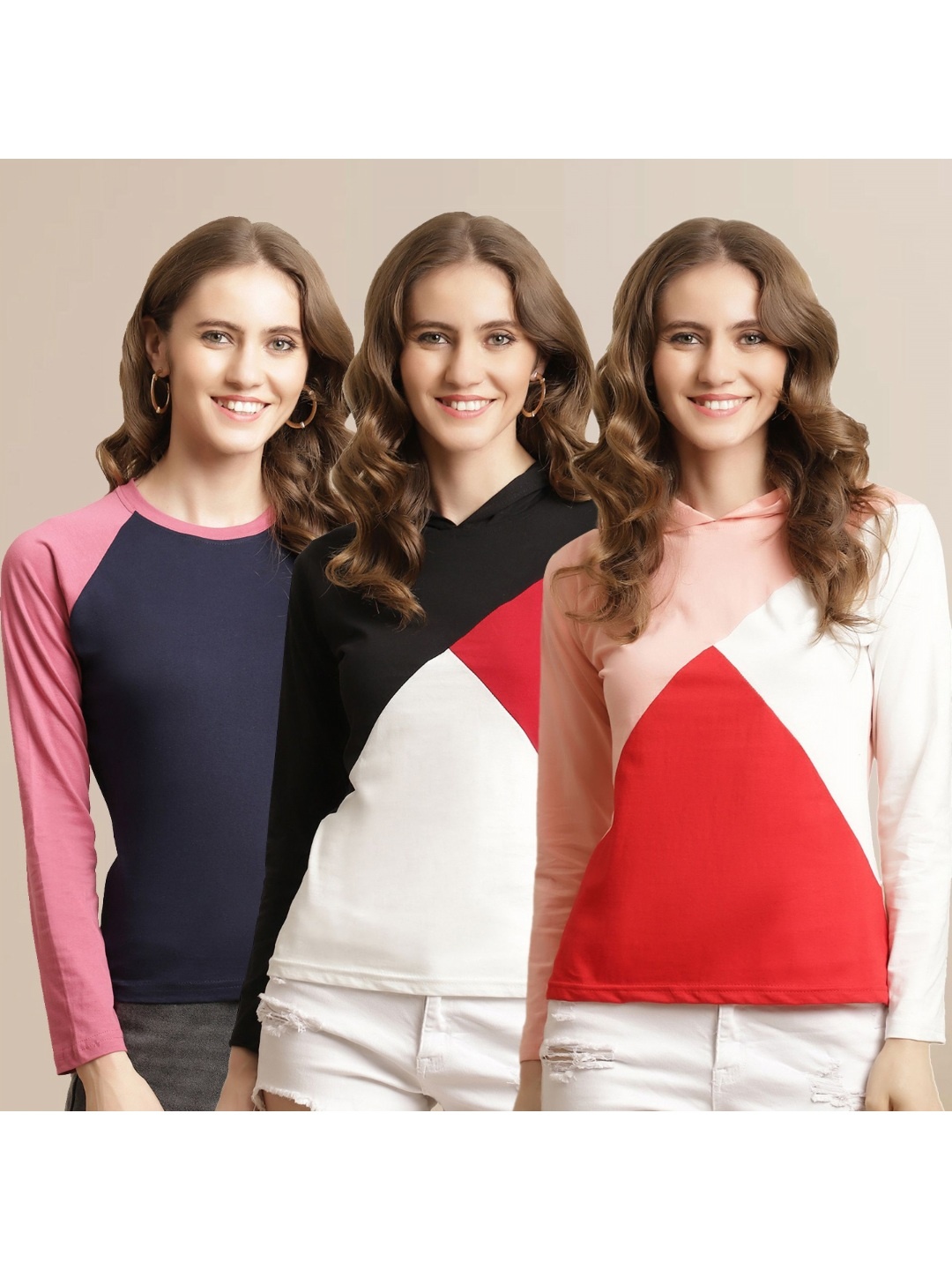 

Metronaut Women Pack Of 3 Colourblocked Round Neck Cotton T-shirts, Navy blue