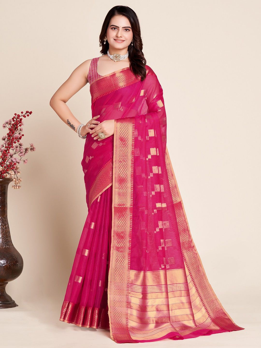 

Suha Ethnic Motifs Zari Kota Saree, Pink