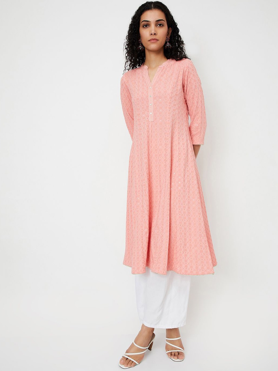

max Ethnic Motifs Embroidered Mandarin Collar Sequinned A-Line Kurta, Pink