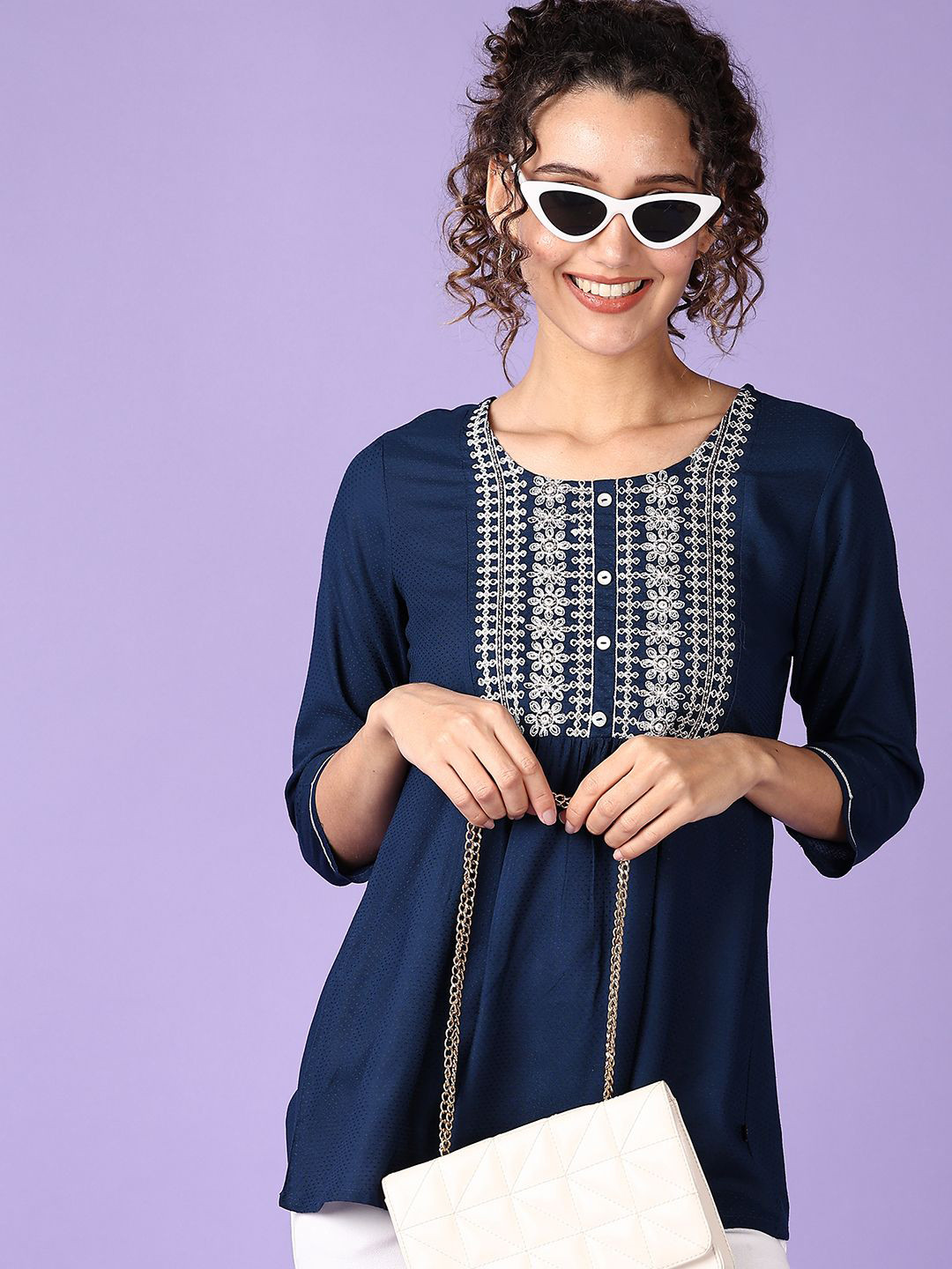

V-Mart Embroidered Round Neck Three-Quarter Sleeves Top, Navy blue