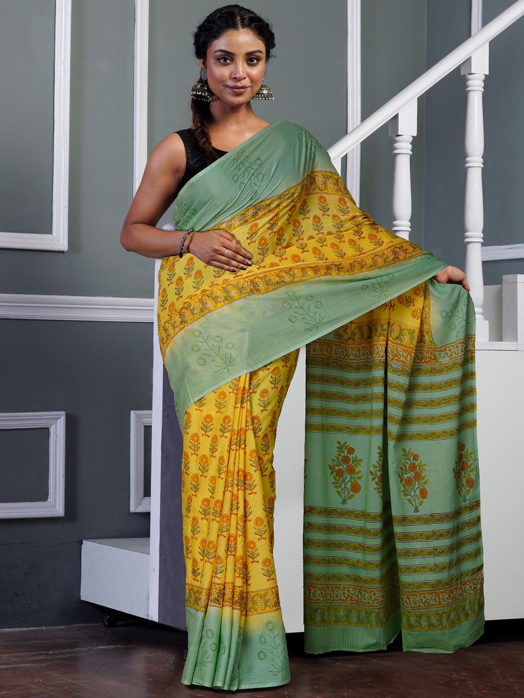 

Unnati Silks Floral Block Printed Pure Cotton Handloom Saree, Yellow