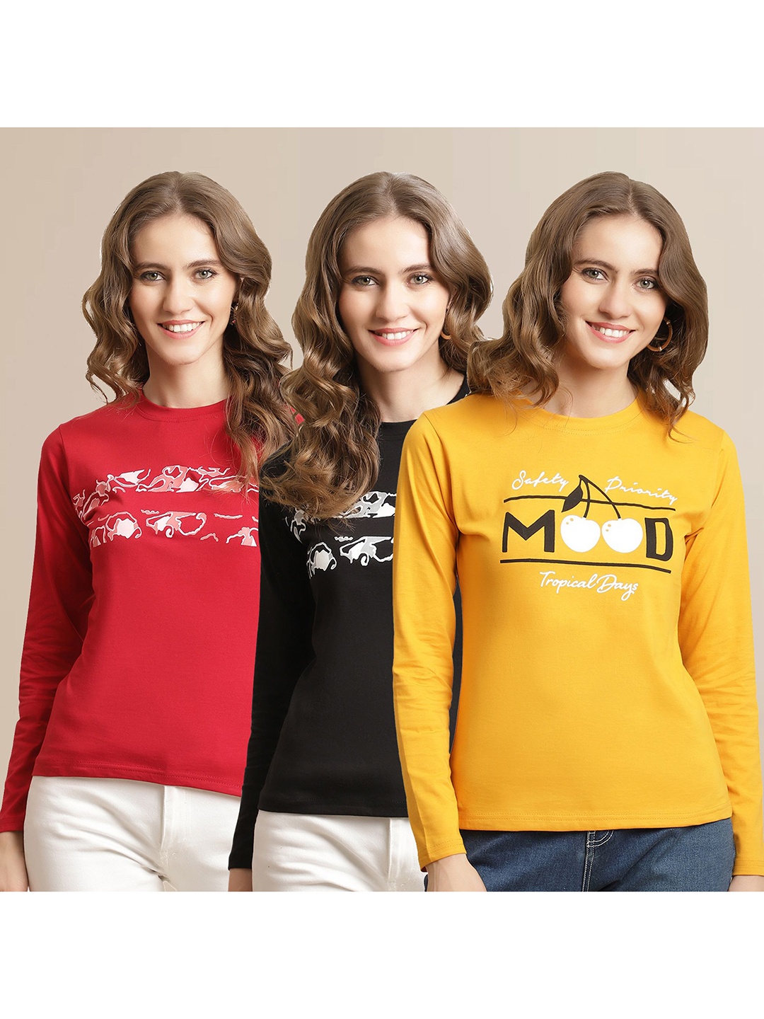 

Metronaut Women Pack Of 3 Printed Round Neck Cotton T-shirts, Yellow