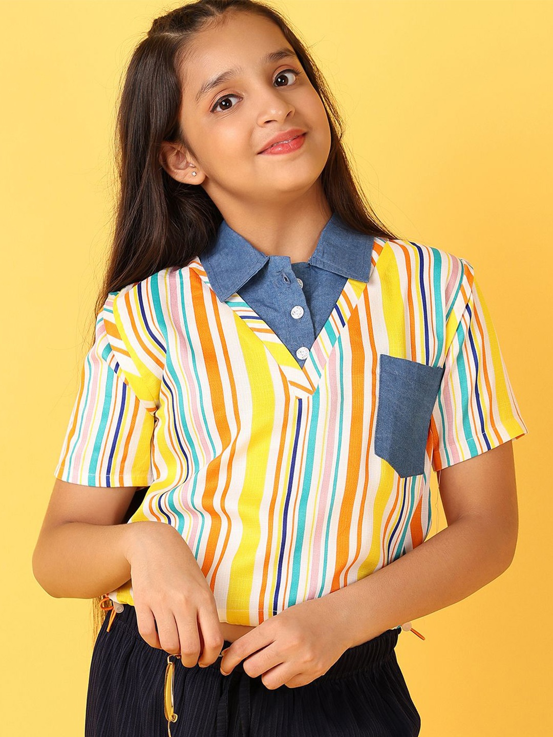 

V-Mart Girls Striped Cotton Shirt Style Top, Yellow