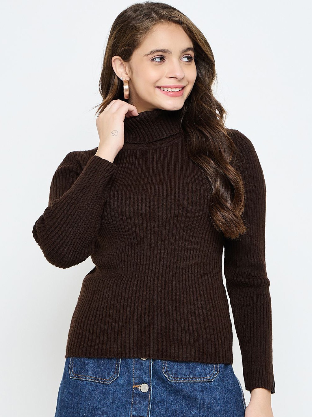 

CREATIVE LINE Women Ribbed Woollen Pullover Sweater, Brown