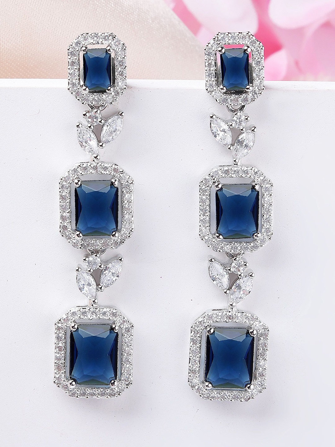 

KARATCART Silver-Plated Contemporary American Diamond Drop Earrings, Blue