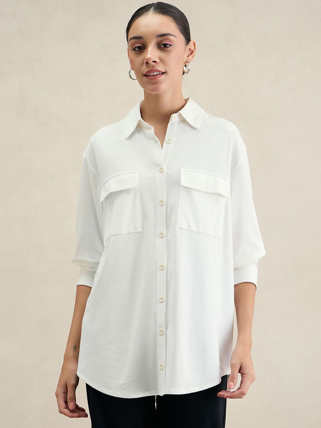 

FEMMELLA Women Standard Spread Collar Solid Casual Shirt, White