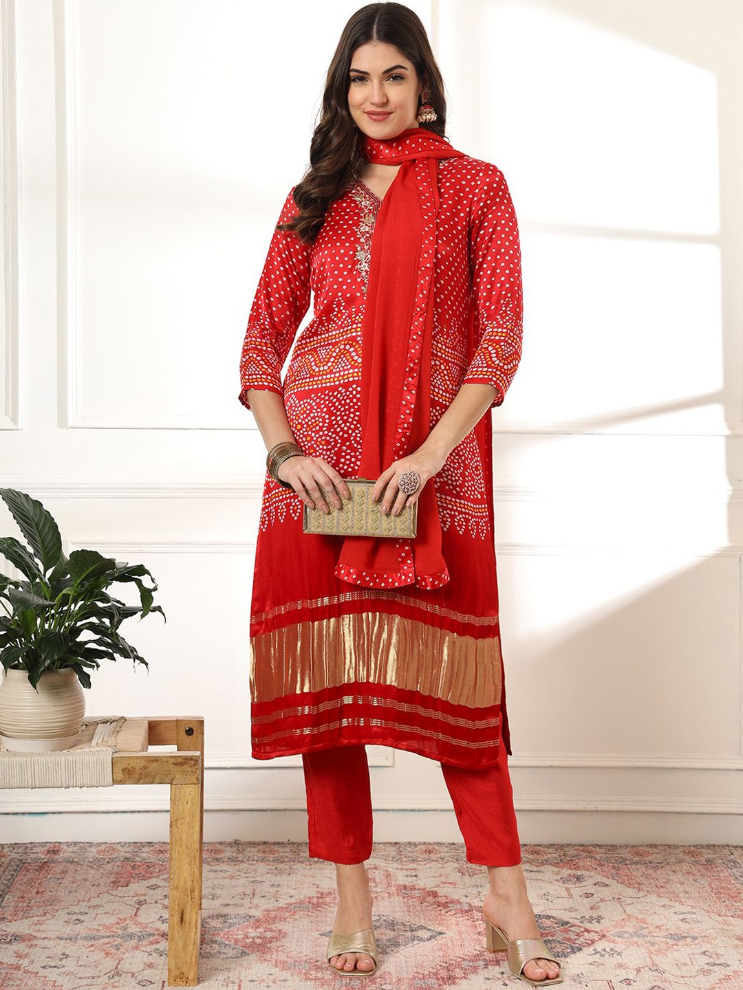 

Yufta Bandhani Printed Sequinned and Zari Straight Kurta with Trousers & Dupatta, Red