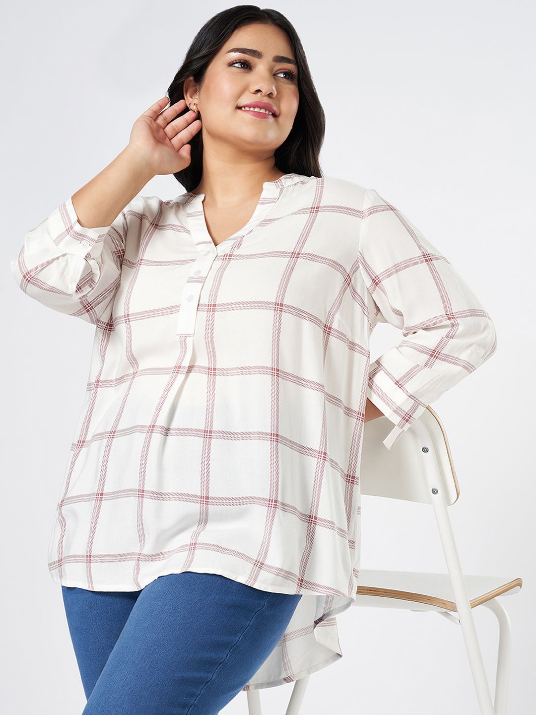 

Honey Curvytude by Pantaloons Women Checked Shirt Style Plus Size Regular Top, White