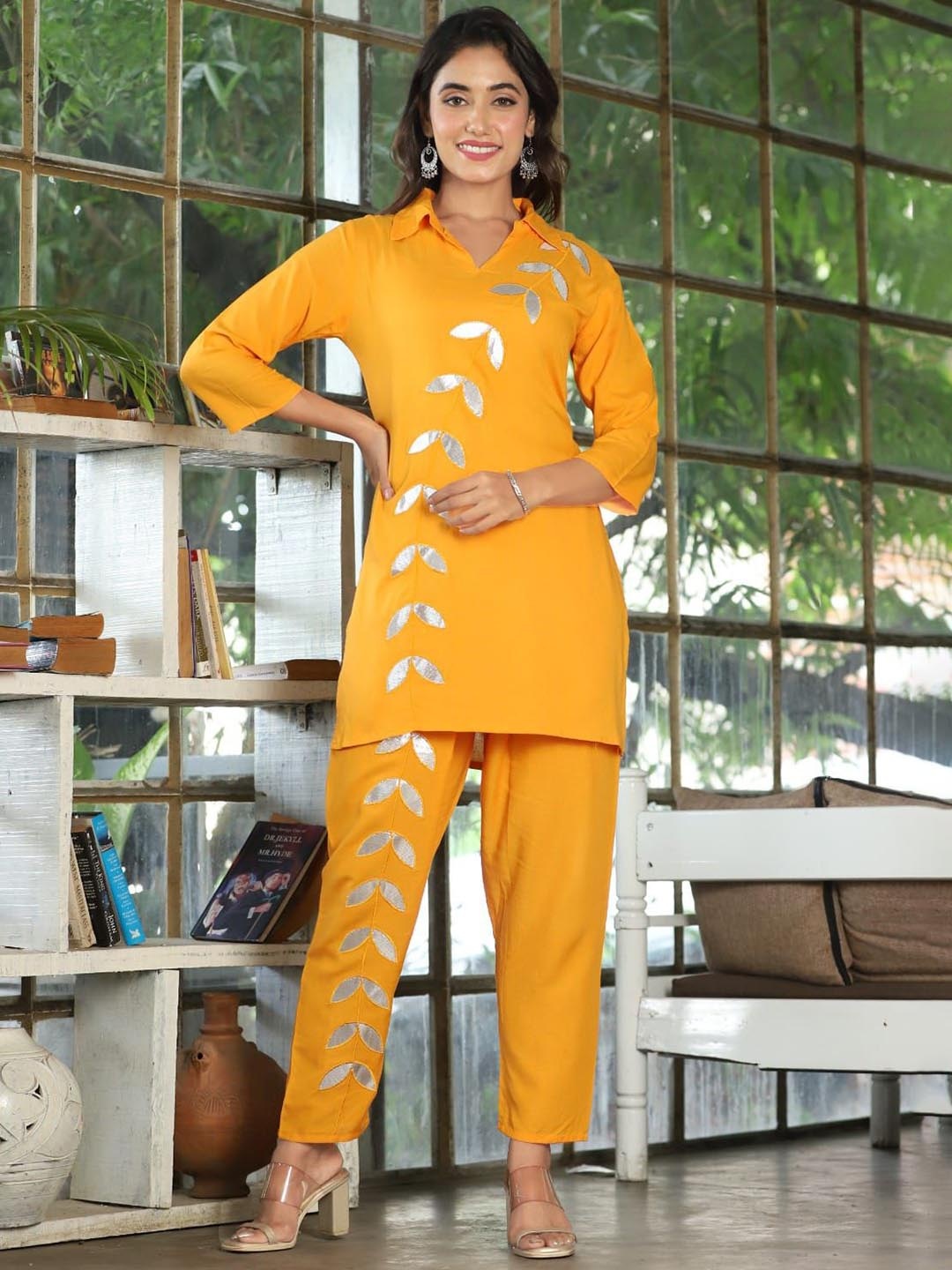 

MILAAV Shirt Collar Embroidered Kurti with Trouser, Yellow