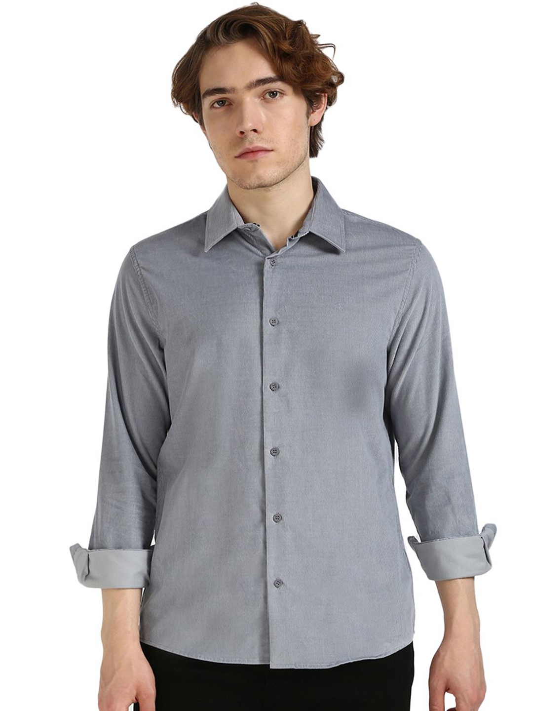 

Calvin Klein Jeans Men Spread Collar Textured Cotton Slim Fit Casual Shirt, Grey