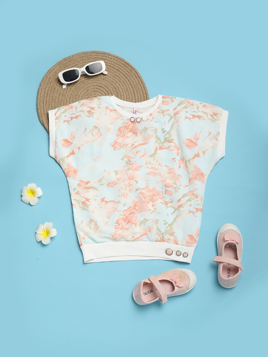 

V-Mart Girls Floral Print Extended Sleeves Cotton Top, Yellow