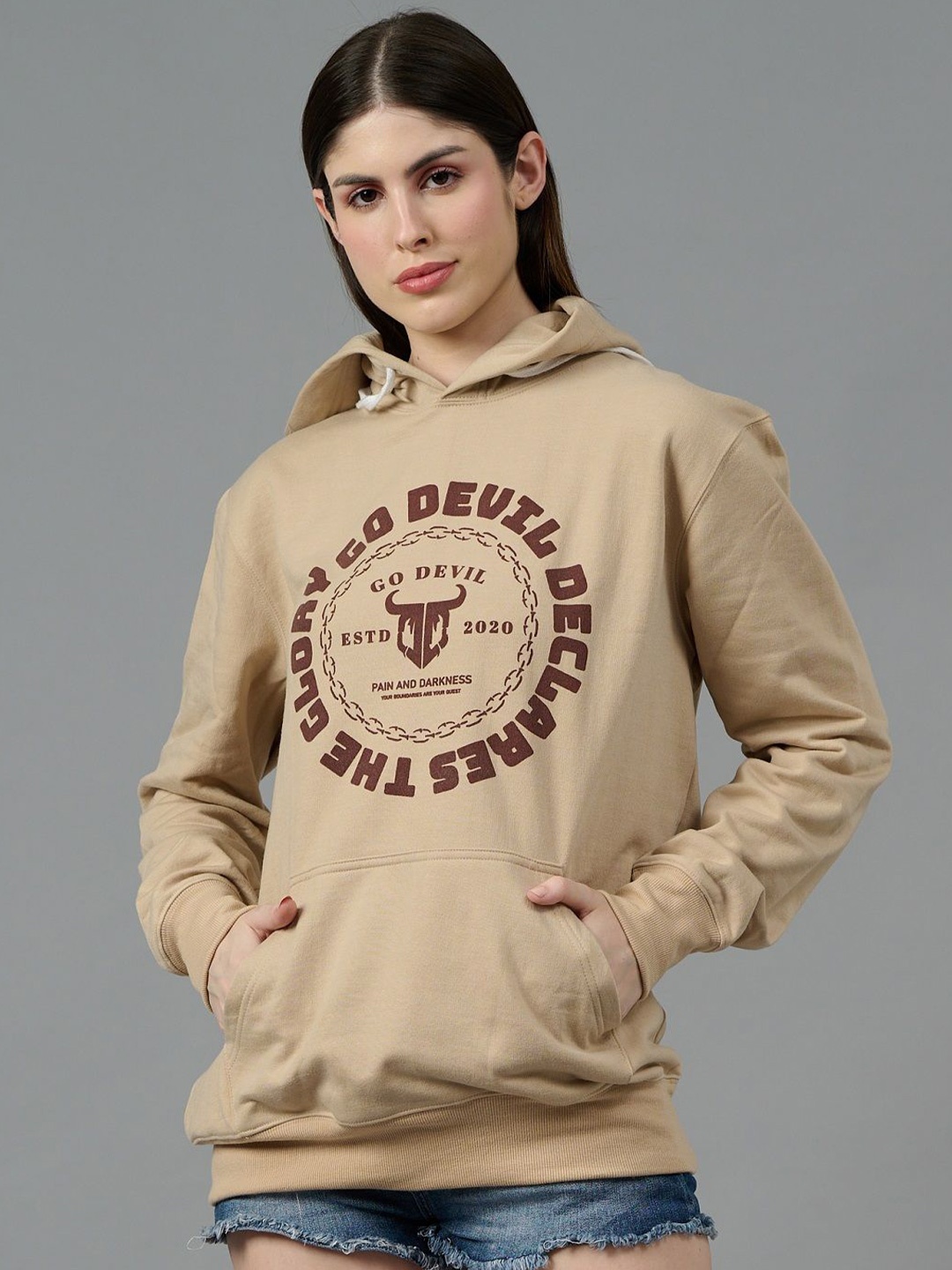 

GO DEVIL Women Printed Hooded Sweatshirt, Beige