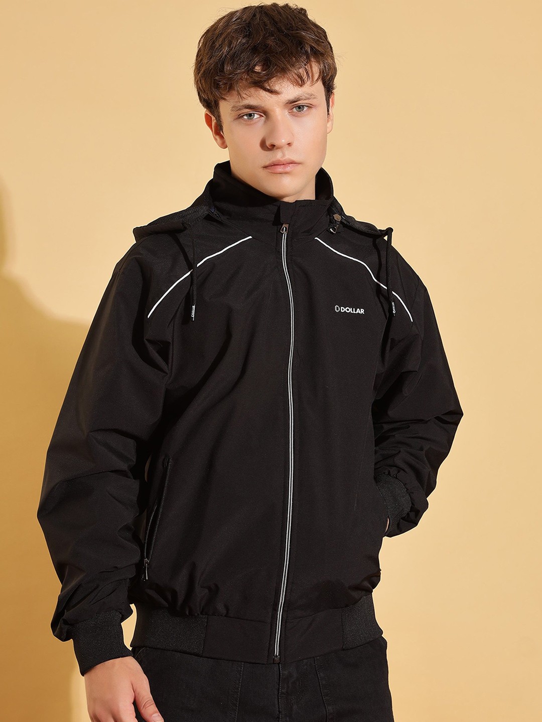 

Dollar Men Hooded Solid Casual Bomber Jacket, Black