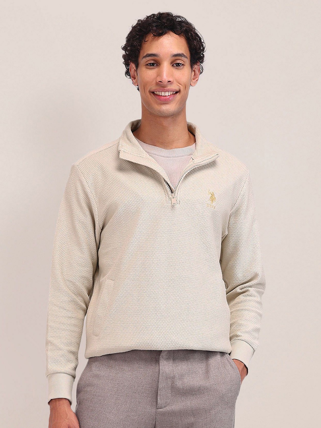 

U.S. Polo Assn. Men Cotton Front-Open High Neck Regular fit Sweatshirt, Beige
