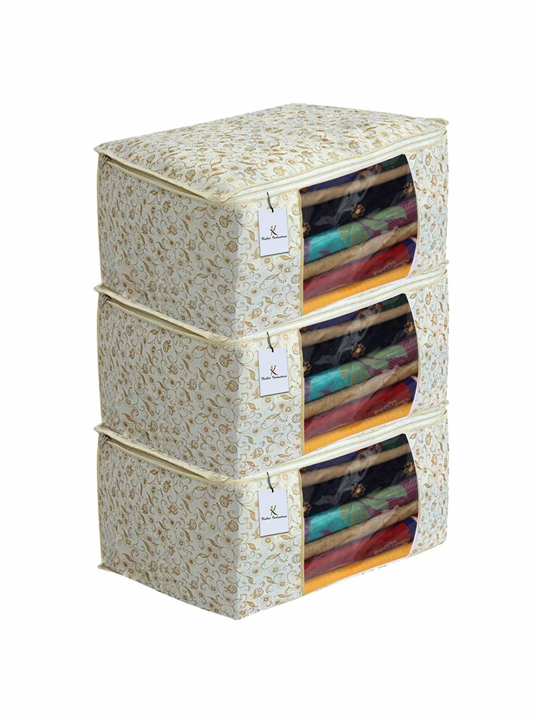 

Kuber Industries White 3 Pieces Floral Printed Multi-Utility Organisers