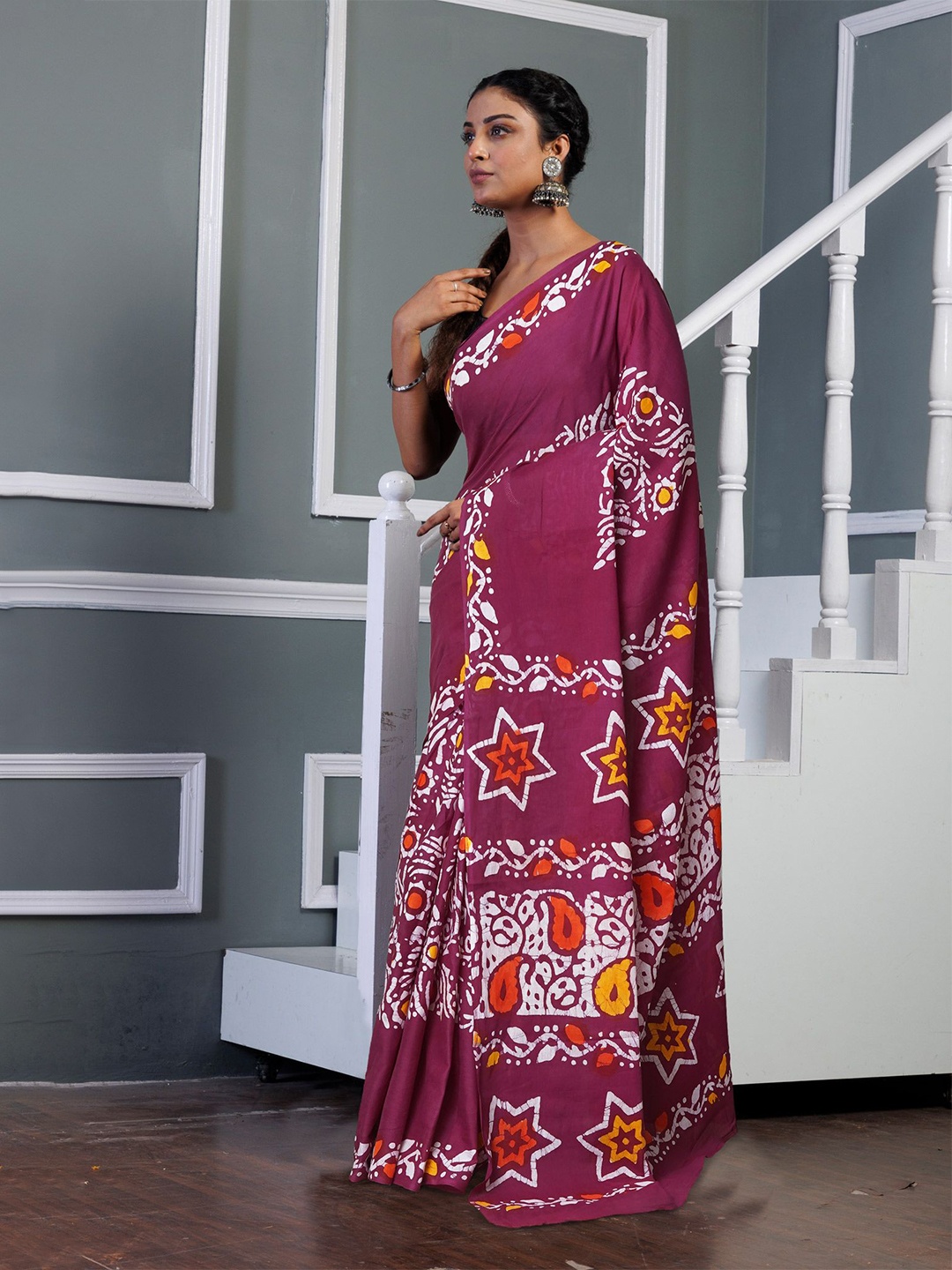 

Unnati Silks Pure Cotton Geometric Printed Handloom Block Print Saree, Maroon