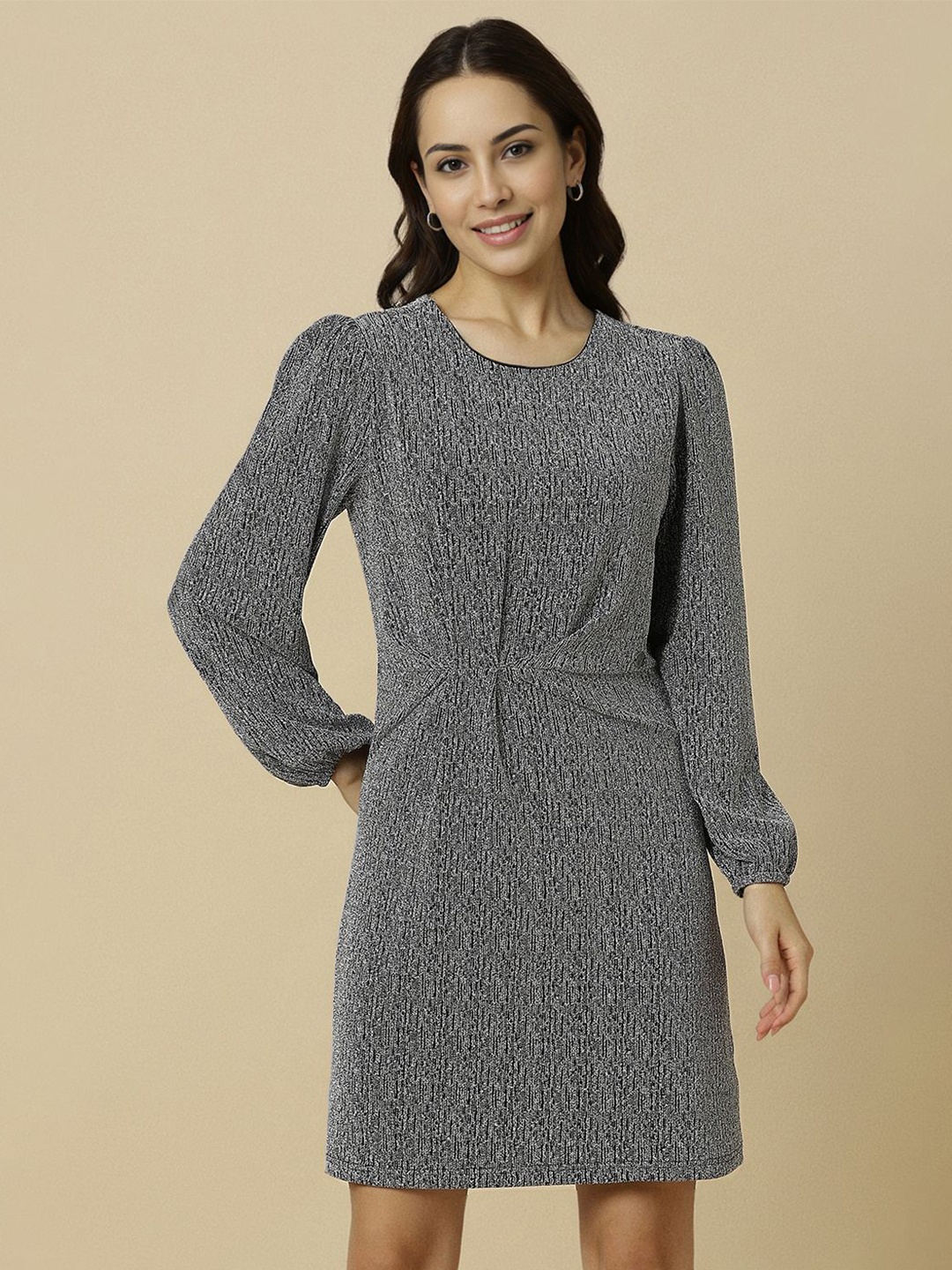 

Allen Solly Woman Cotton Round Neck Puff Sleeve A-Line Dress, Grey