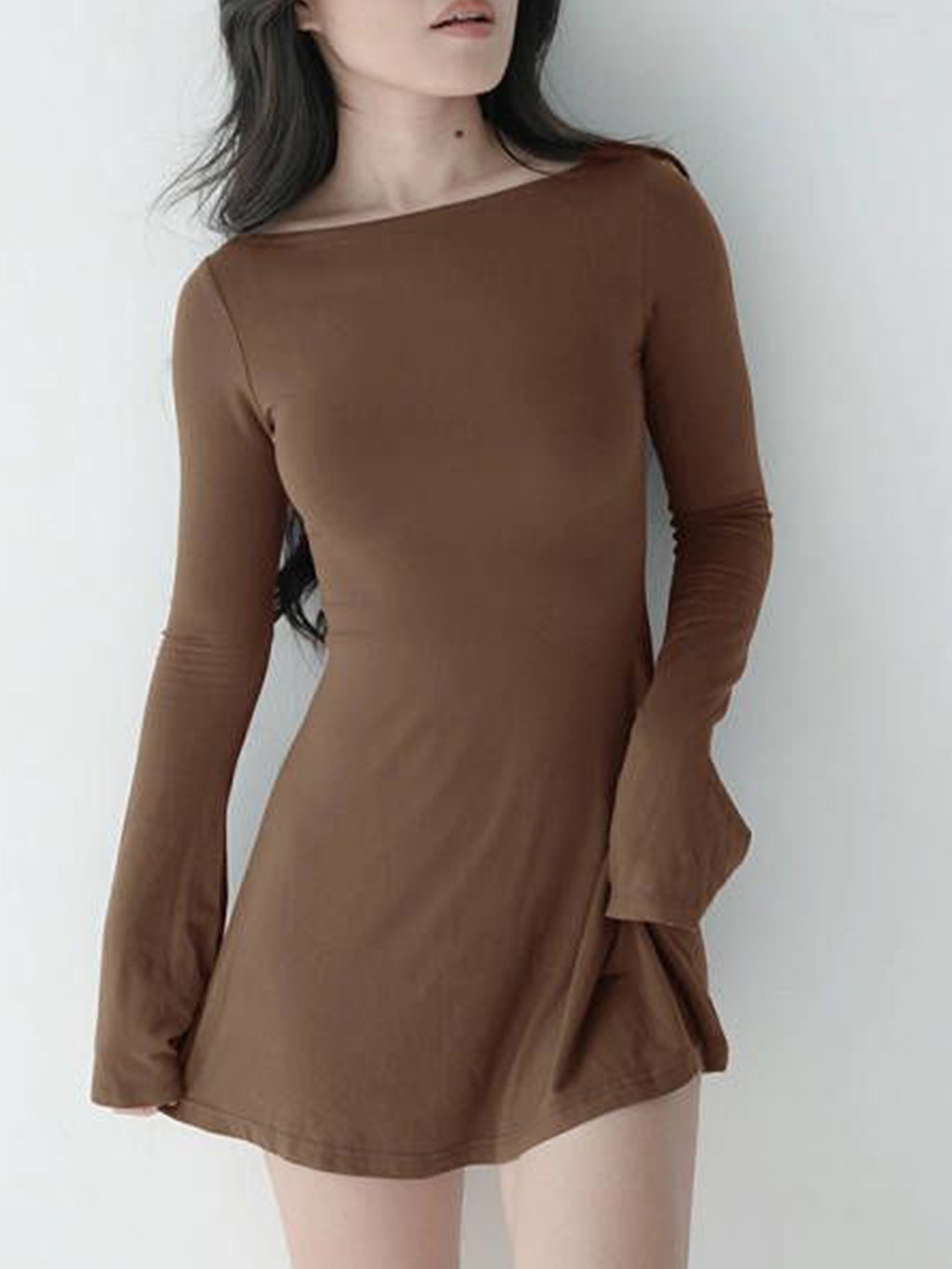 

HERE&NOW Women Boat Neck A-Line Dress, Brown