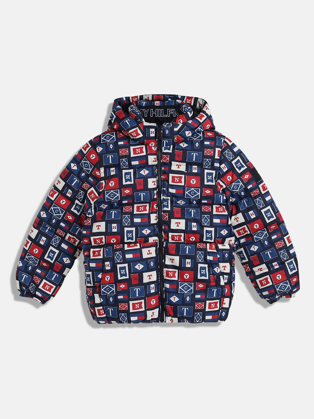 

Tommy Hilfiger Boys Hooded Conversational Printed Casual Bomber Jacket, Navy blue