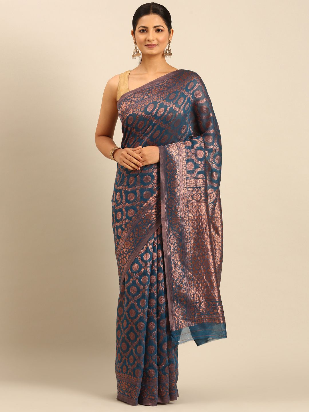 

Mitera Women Woven Design Zari Saree With Unstitched Blouse Piece, Teal