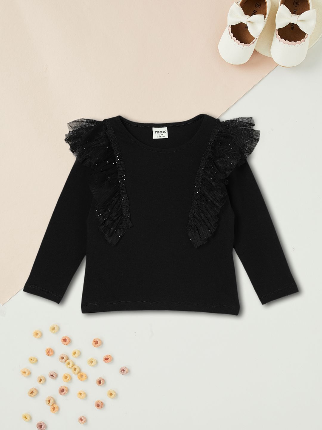

max Girls Embellished Cotton Long Sleeve Top, Black