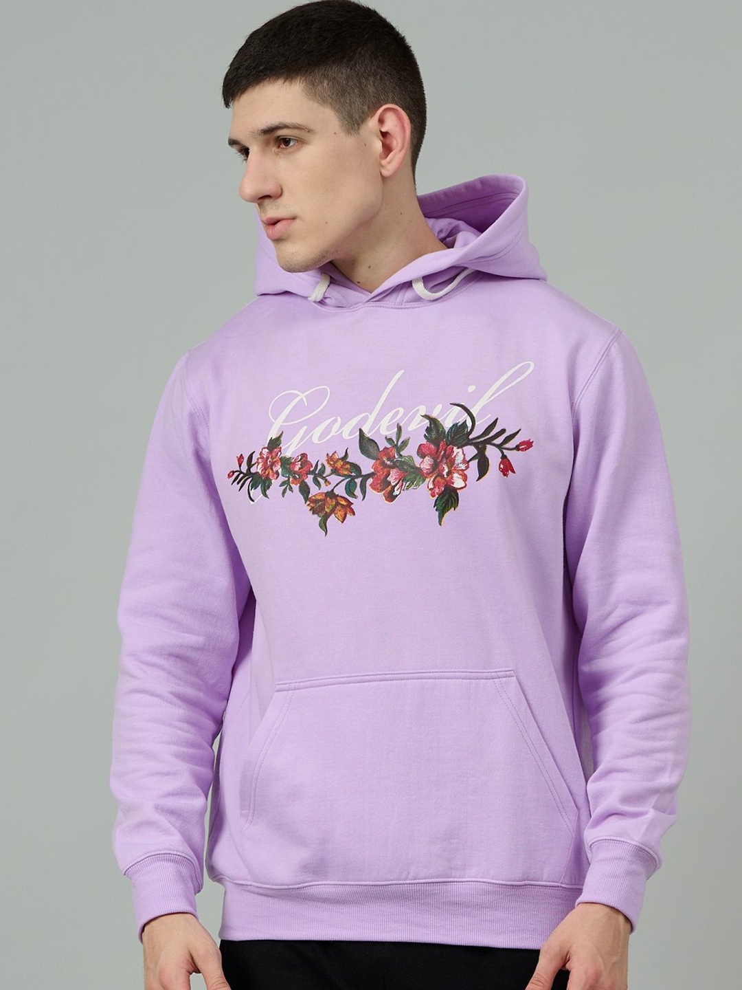 

GO DEVIL Men Floral Printed Hooded Sweatshirt, Purple
