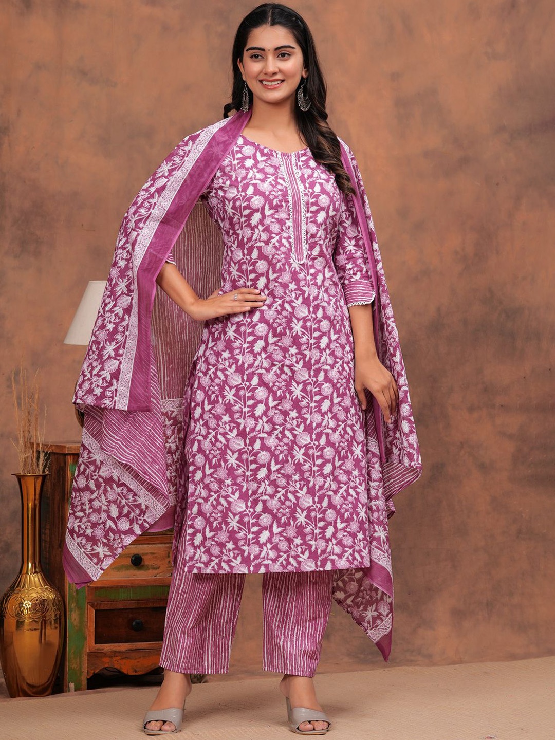 

TOULIN Floral Printed Pure Cotton Straight Kurta With Palazzos & Dupatta, Pink
