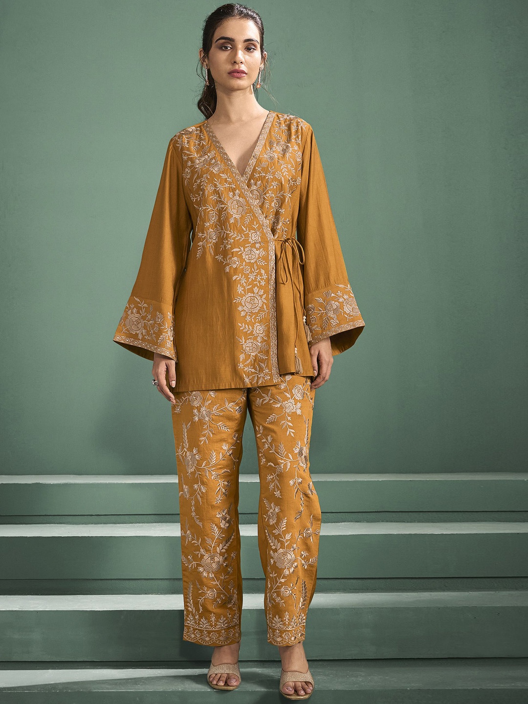 

Anouk Mustard Yellow and Cream Embroidered Tunic With Trousers