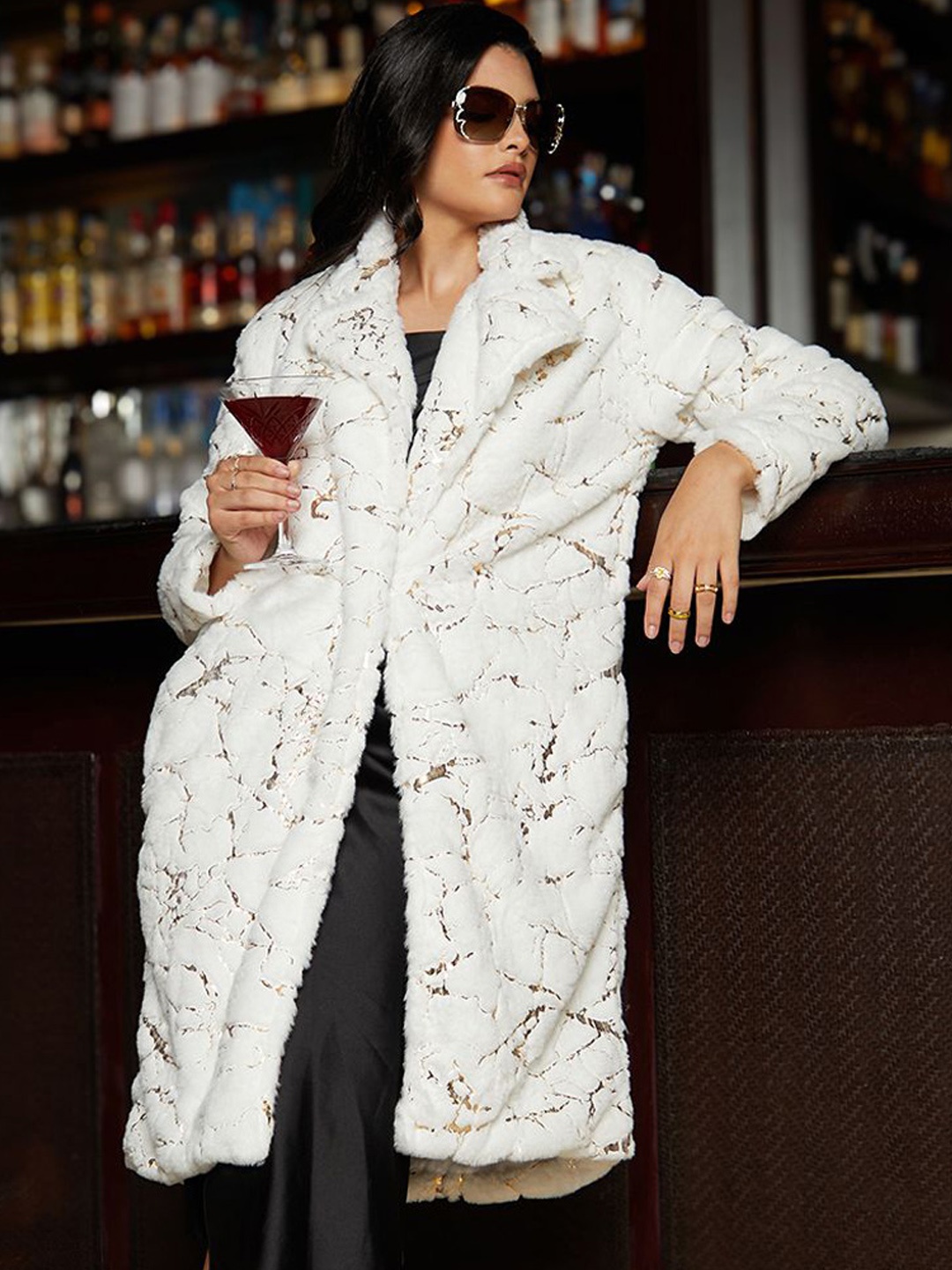 

Campus Sutra Women Self-Design Notched Lapel Collar Single-Breasted Overcoat, White