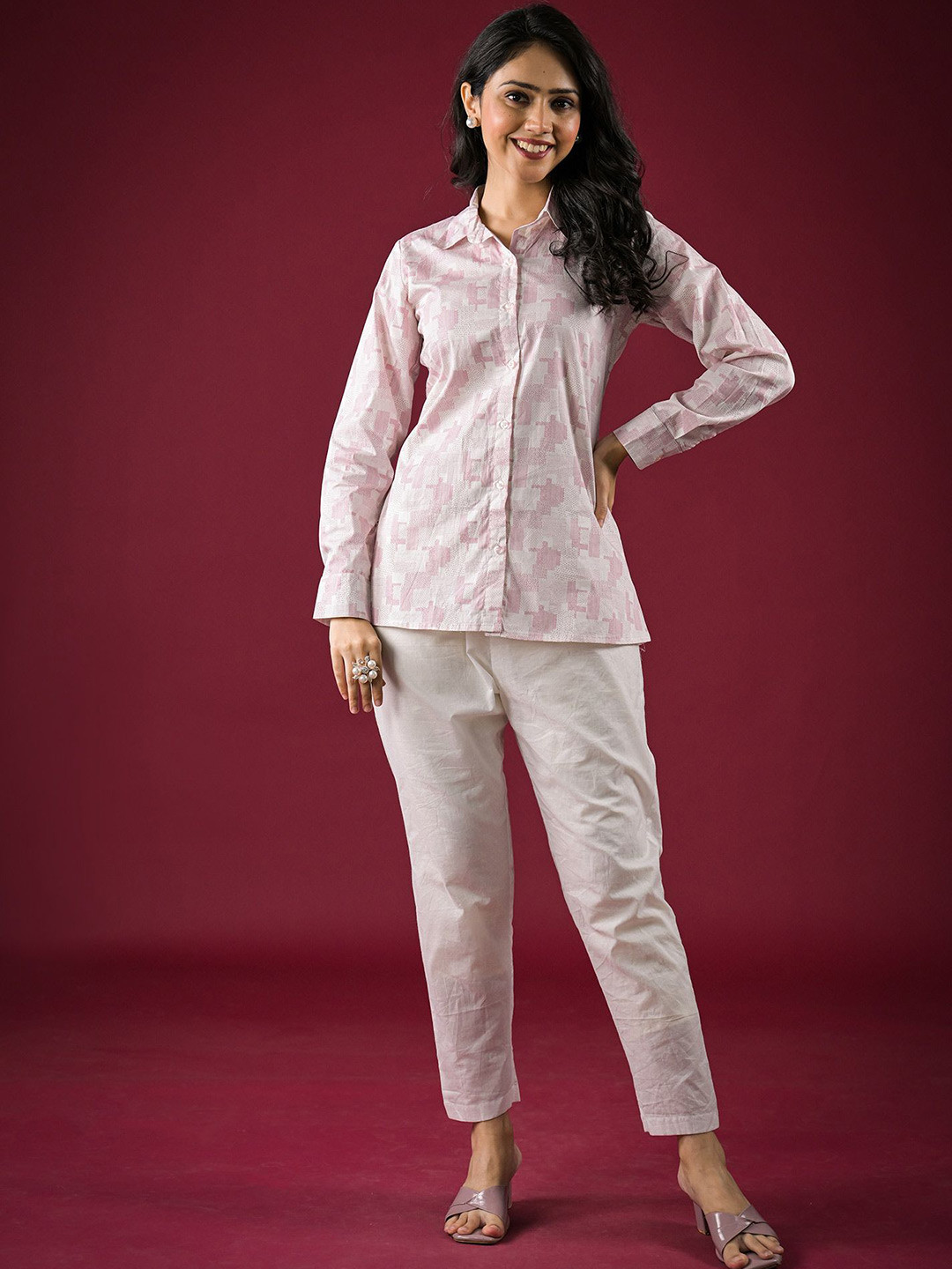 

Peachmode Women Geometric Print Shirt Style Top, White