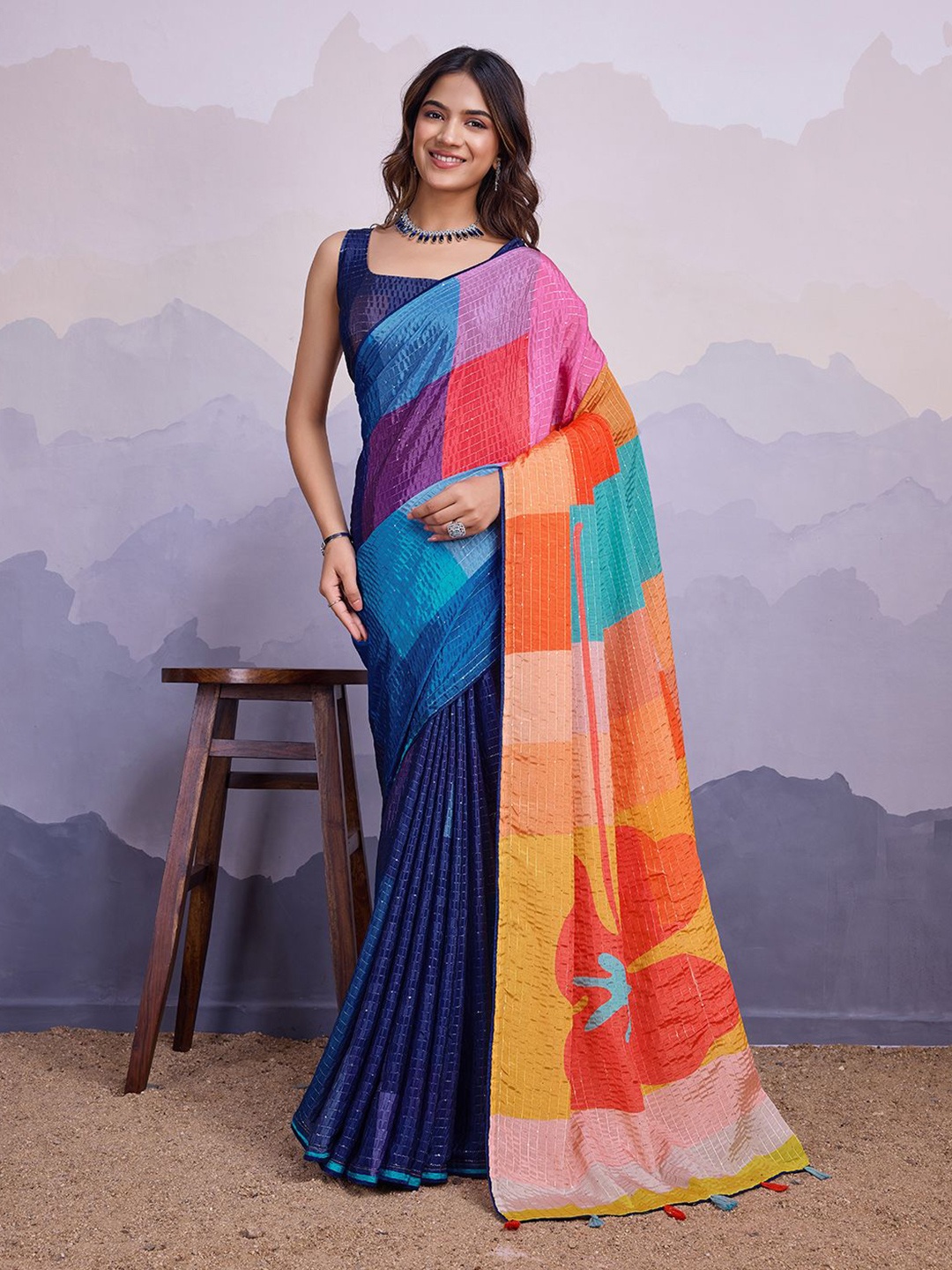 

Ishin Colourblocked Embellished Striped With Mukaish Work Saree, Blue