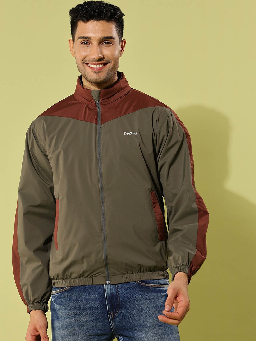 

Dollar Men Mock Collar Colourblocked Casual Bomber Jacket, Olive