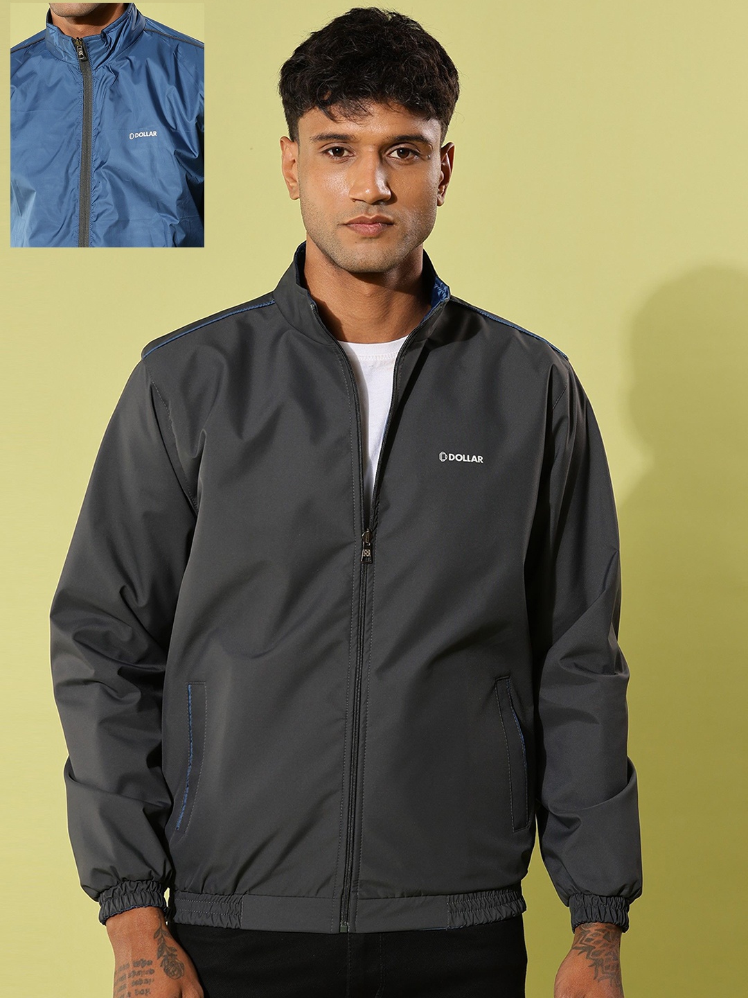 

Dollar Men Mock Collar Solid Casual Bomber Reversible Jacket, Charcoal