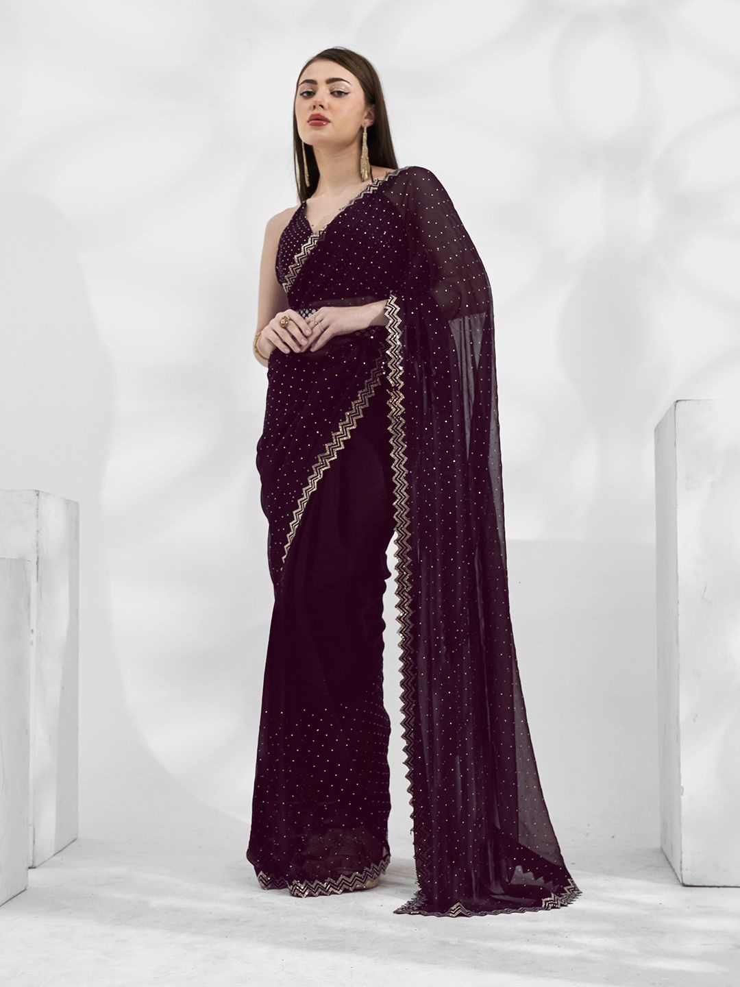 

Mitera Embellished Beads and Stones Pure Chiffon Ready to Wear Saree, Burgundy