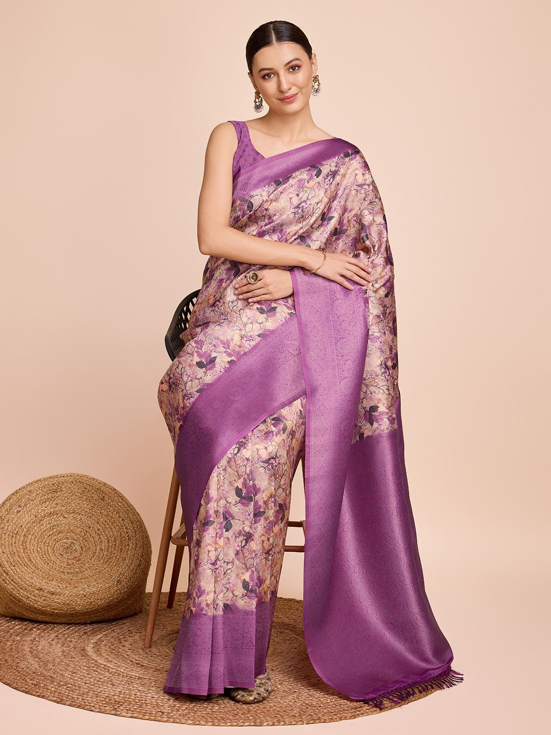 

Suha Woven Design Printed Zari Pure Silk Saree, Purple