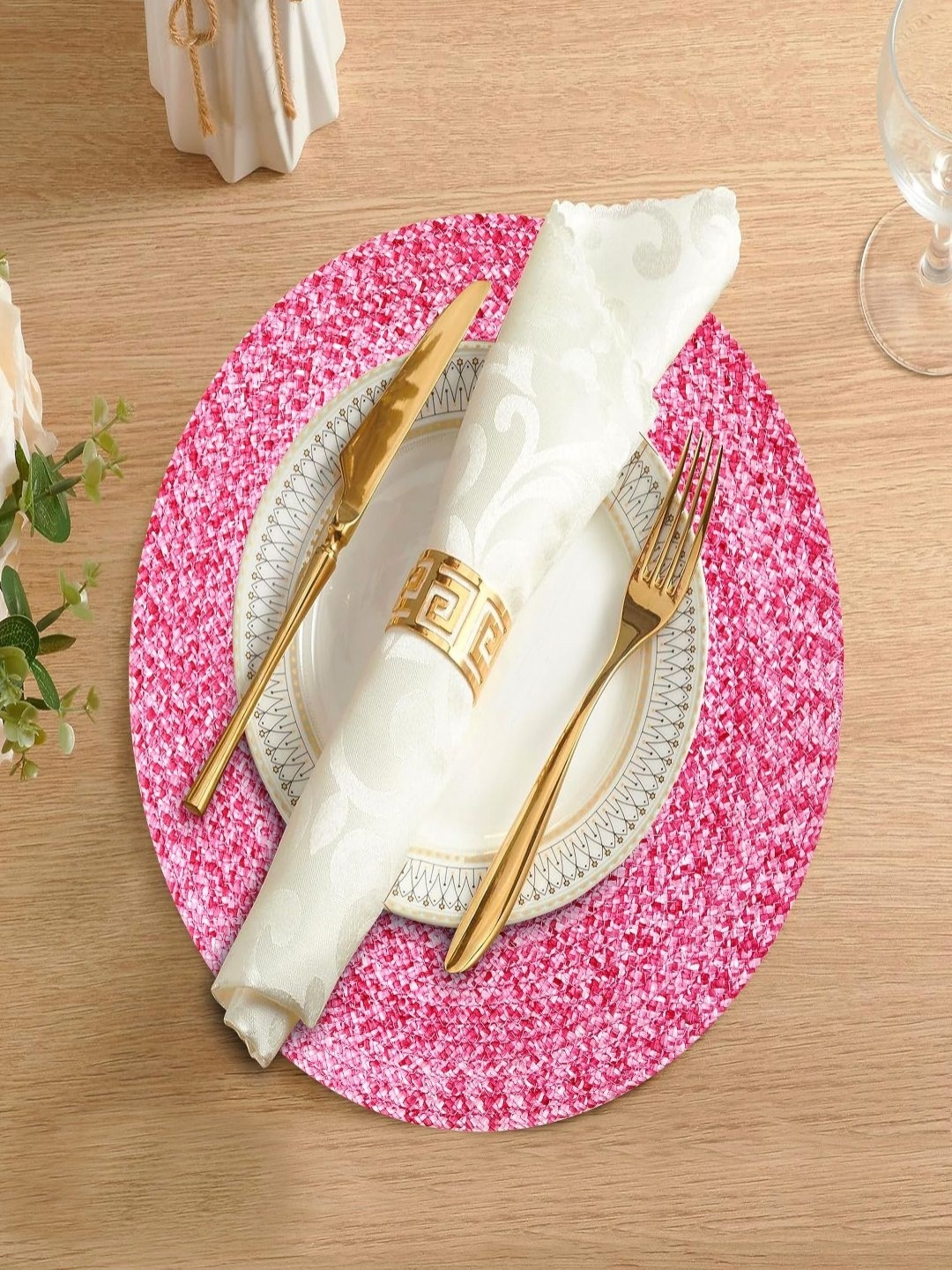 

LADLI JEE 2-Pcs Pink & White Textured Round Table Placemats