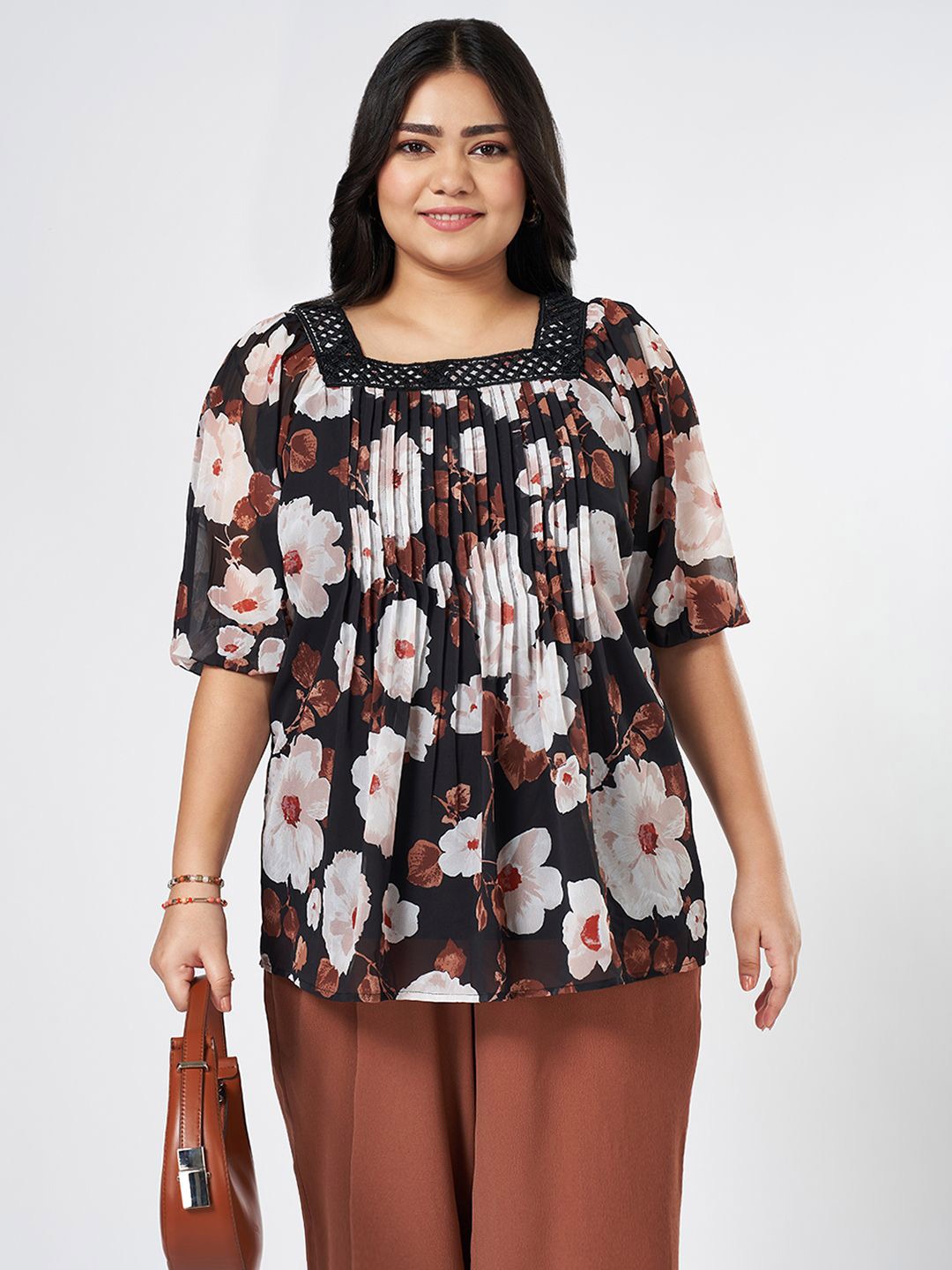 

Honey Curvytude by Pantaloons Women Plus Size Floral Printed Top, Black