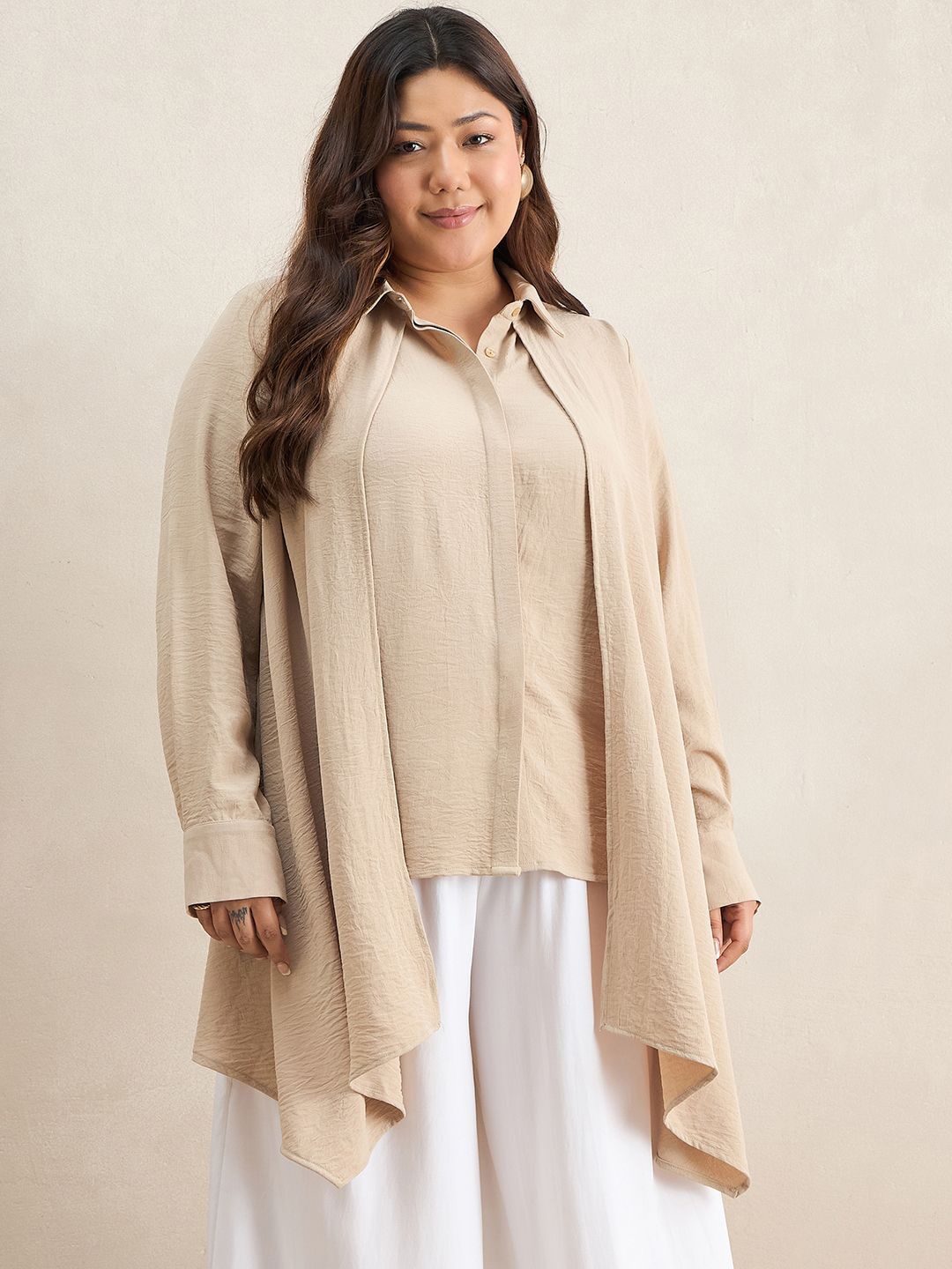 

FEMMELLA Women Standard Spread Collar Solid Casual Shirt, Beige