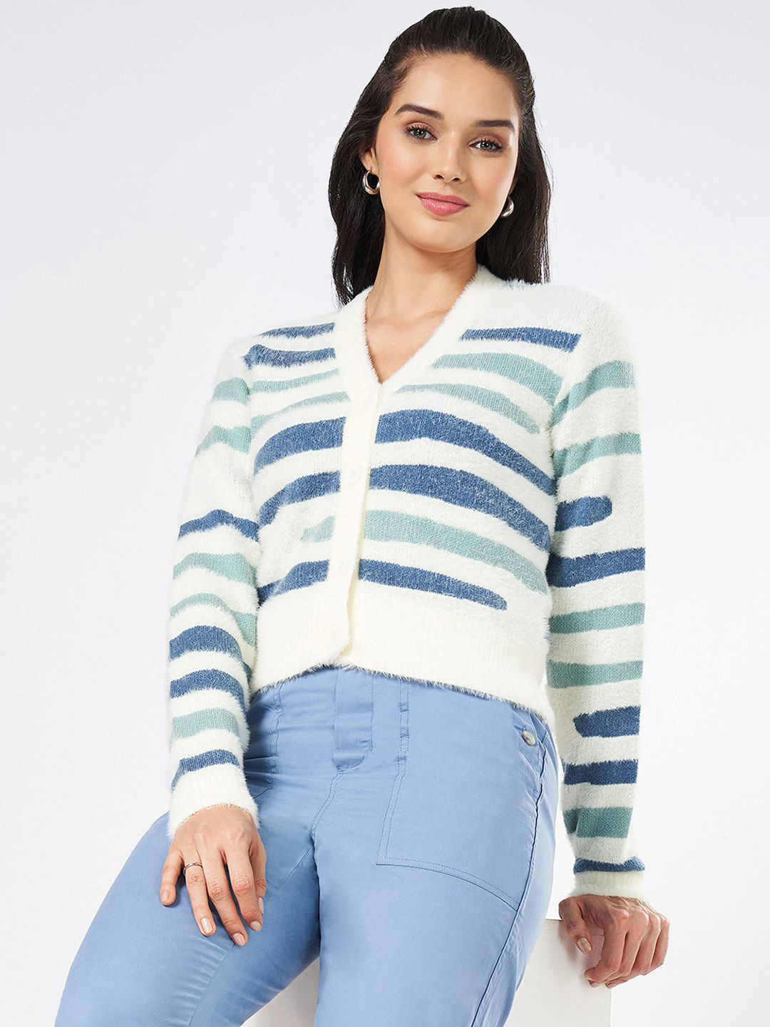 

Honey by Pantaloons Women Striped V-Neck Cardigan Sweater, Off white